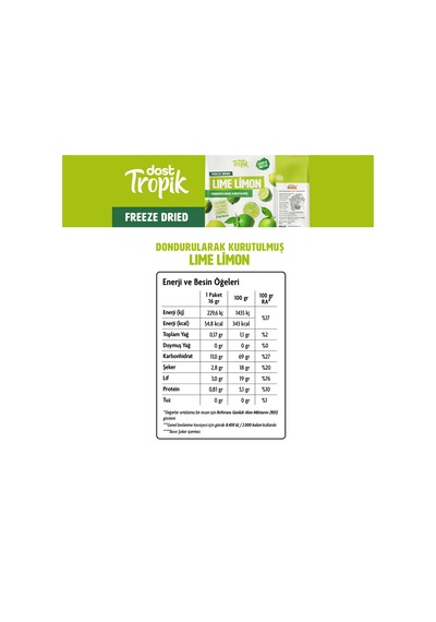 Dondurularak Kurutulmuş Lime Limon 16 G Freeze Dried Meyve Cipsi Çıtır Meyve Kurusu 3 Adet 18 G