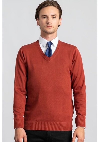 Tudors Slim Fit Dar Kesim V Yaka Pamuklu Erkek Kazak-22230 Tarçın