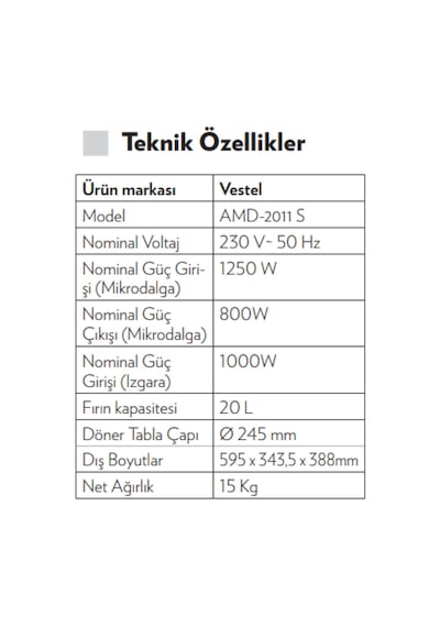 Vestel AMD-2011 S 20 LT Ankastre Mikrodalga Fırın