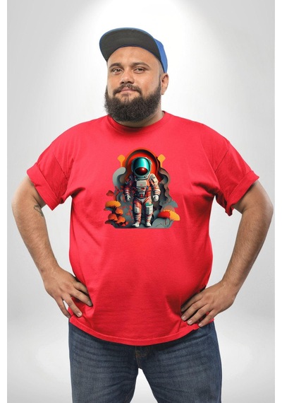 Angemiel Astronot Yapay Zeka Yürüyüş Kırmızı Büyük Beden Erkek Kadın Unisex Basic Ön Baskılı Tişört Kırmızı