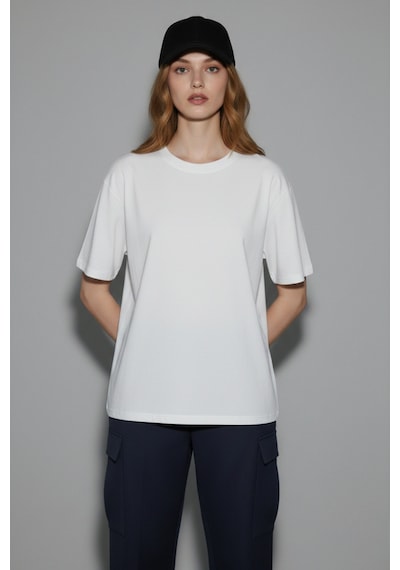 Soft&Basic Kadın 2'li %100 Organik Pamuk Oversize Fit Basic Yuvarlak Yaka T-shirt Beyaz-kahverengi
