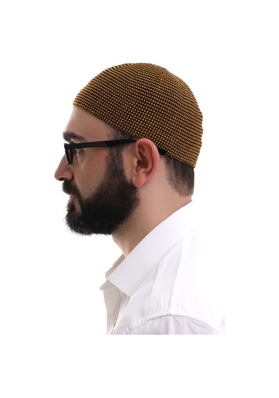 Hardal Kışlık Nokta Desenli Orlon Namaz Takkesi Sarı