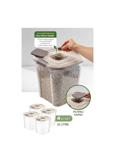 Vienev 4'lü 12 Litre Kare Çok Amaçlı Filtre Kapaklı Un Bakliyat Saklama Kabı Bej Bej
