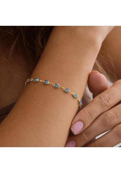 Queen Silver Jewelry 925 Ayar Gümüş Sıralı Nazar Boncuklu Bileklik Altın