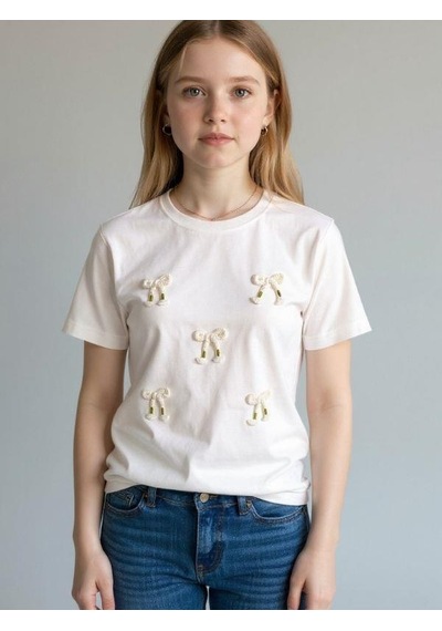 Zekids Kız Çocuk Pamuklu Fiyonk Detaylı T-shirt-16760 Ekru
