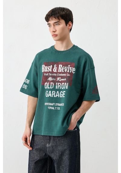 Vamos Oversize Baskılı Tişört V70-167 Yeşil