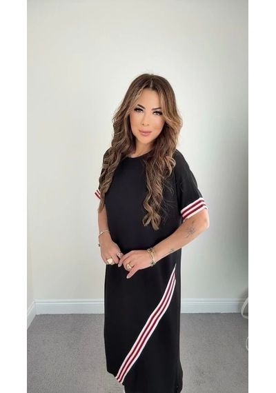 Defymoda Kadın Kol Ve Etek Şerit Detaylı Midi Boy Elbise Siyah