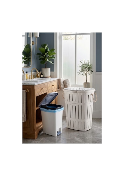 Bambu Görünümlü Halatlı Kulplu 65 Litre Çamaşır Sepeti 25 Litre Slim Pedallı Beyaz Kovası Beyaz - 850873319 Beyaz