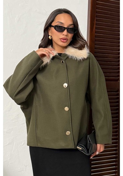 Verymoda Peluş Yakalı Dügmeli Kaşe Mont F2048 Haki