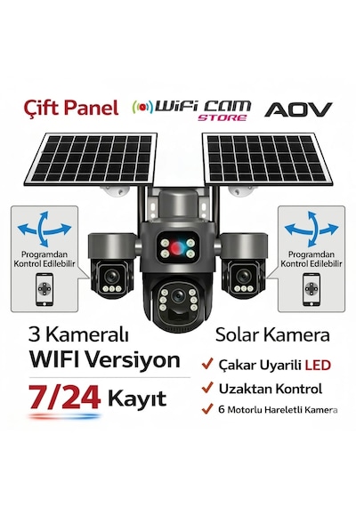 3 Kameralı 6 Motorlu Wifi Solar Kamera - Aov 7/24 Kayıt