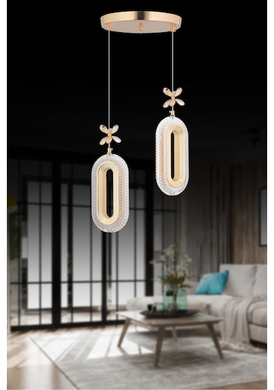 Alfa Led 2'li Gold 3 Renk Modu Ledli Kristal Taşlı Modern Led Avize Gold
