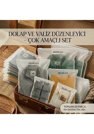 Fermuarlı Yarım Mat Buzlu Şeffaf Tekstil Saklama Torbası Seti, 140 Mikron, Bpa İçermez 5 Farklı Ölçü Her Ölçüden 5'er Adet -toplam 25 Parça