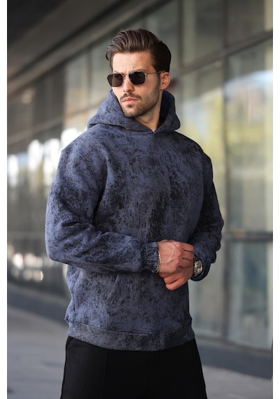 Madmext Lacivert Desenli Kapüşonlu Erkek Sweatshirt E7167 Lacivert