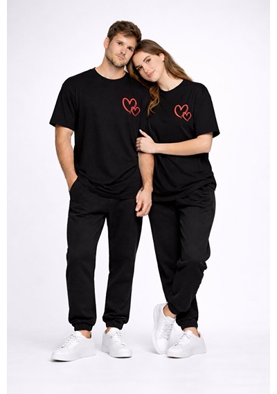 Sevgili Kombini Kalp Baskılı Oversize Çift Tişört Unisex Uyumlu P Siyah