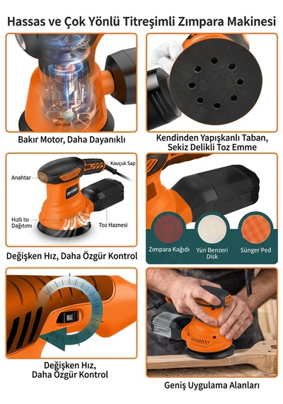 Steiner 700w 6 Kademe Devir Ayarlı 125mm Toz Toplama Sistemli Eksantrik Zımpara Makinesi Turuncu