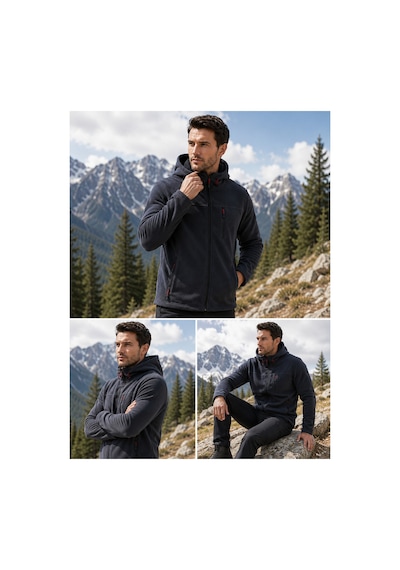 Luxıc Core Erkek Kapüşonlu Koyu Gri Polar 3 Cepli Fermuarlı Sıcak Tutan Kışlık Outdoor Hoodie Günlük Stilpro