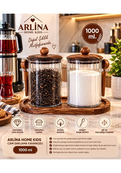 İkili 1000 Ml Akasya Kapaklı Kaşıklı Akasya Standlı Cam Kavanoz Seti Haki