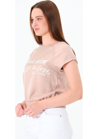 Sortie Collection Reglan Kollu Yazı Baskılı Beli Lastikli Bluz Bej