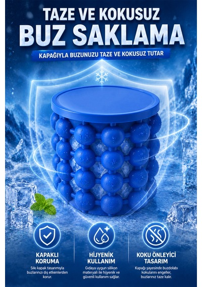 Çift Hazneli Buz Kovası İçecek Soğutucu Ice Cube Maker Genie Kapaklı Buzluk Haznesi Mavi