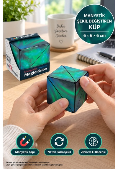 Manyetik Şekil Değiştiren Sihirli Küp Zeka Oyuncağı Stres Oyuncağı Aurora Yeşil 6x6x6 Cm