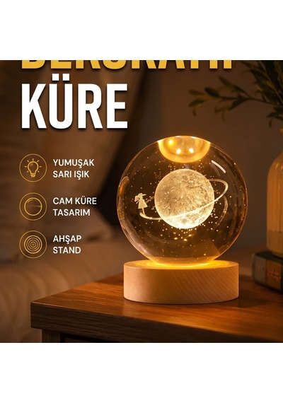 Kız Figürlü Dekoratif Cam Küre Sarı Işıklı Ahşap Standlı Tasarım 50069206