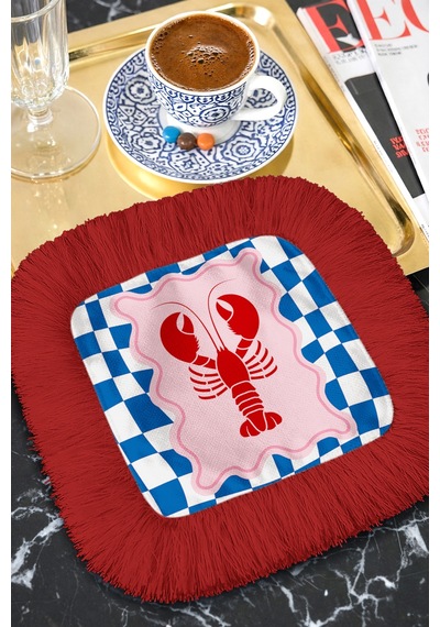 Lobster Temalı Saçaklı Bohem Sunum Peçetesi - Denizcilik Stil Kırmızı Mavi Bardak Altlığı Mendil Çok Renkli