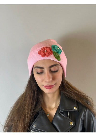 Gönülden Tasarım El Örgüsü Çiçek İşleme Kadın Bere Pembe