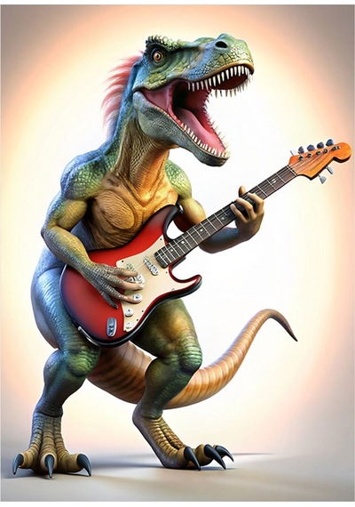 Elektro Gitar Çalan Dinazor Desenli Ahşap Tablo 35cm X50cm
