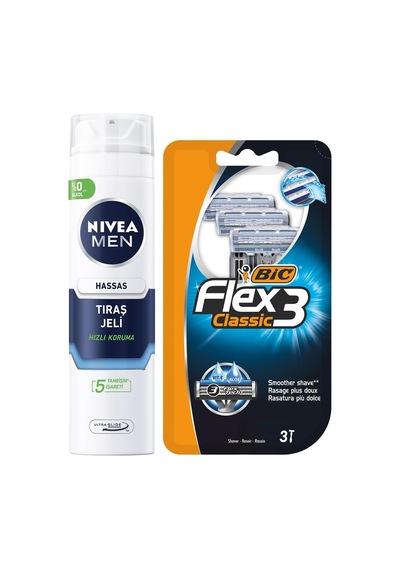 Men Hassas Tıraş Jeli 200 Ml + Bıc Flex 3 Erkek Tıraş Bıçağı 3'lü Blister 3 Bıçak