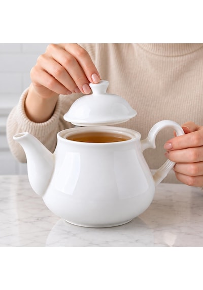 Lexroo Porselen Demlik 650 Ml, Beyaz Kapaklı Çay Demliği, Oval Kulplu Ve Uzun Dökme Ağızlı