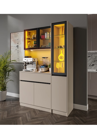 Viona Kum Beji Midi Sağ Vitrinli Komple Mdf Led Aydınlatmalı Kahve Köşesi Bej