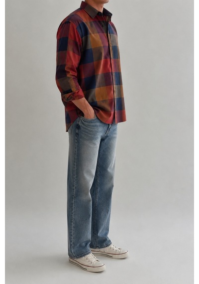 Cool Tarz Erkek Ekose Desenli Oxford Regular Fit Uzun Kollu Gömlek Turuncu Turuncu