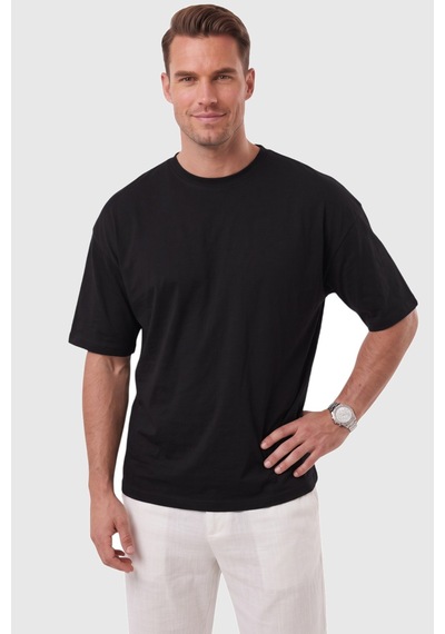 Rizzup Erkek %100 Pamuk Oversize Geniş Kesim Bisiklet Yaka Basic Siyah Tişört 2604362