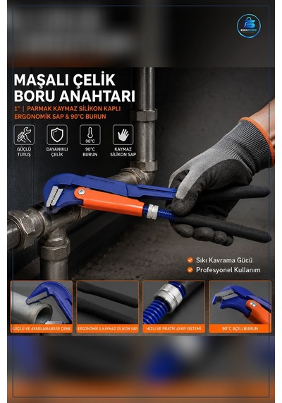 Boru Anahtarı 1 İnç Çelik Maşalı Silikon Saplı Krom Vanadyum Te