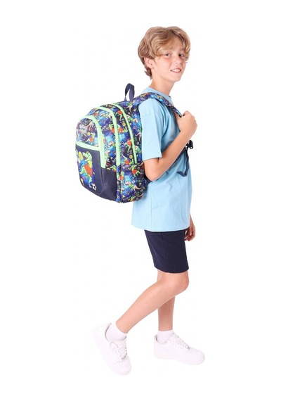 Kauıkko Kids Siyah Yeşil Dinazor Baskılı Erkek Çocuk Okul Çantası - L5266 - Dört Gözlü Siyah - Yeşil