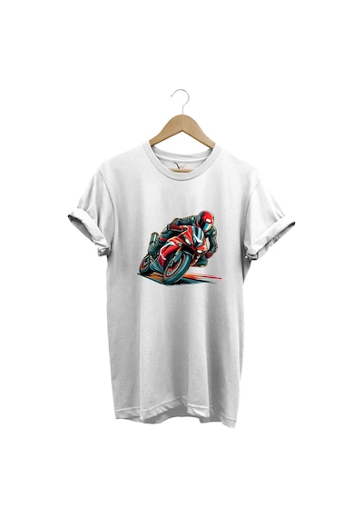 Kırmızı Racing Motosiklet Baskılı %100 Pamuk Regular Fit Unisex T-shirt Beyaz