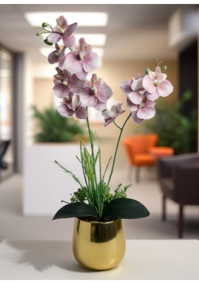 Yapay Çiçek Pudra Pembe Islak Orkide Gold Metal Saksıda Saksıda Orkide 50cm