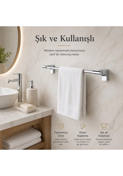 Alper Banyo F1 Model Lüx Krom Paslanmaz Uzun Havlu Askısı, 40 Cm,