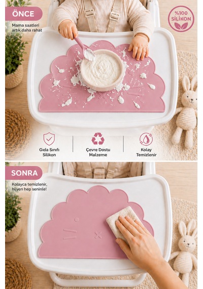 Siliconly %100 Silikon Bebek Beslenme Matı Kolay Temizlenebilir Mama Altlığı Pembe