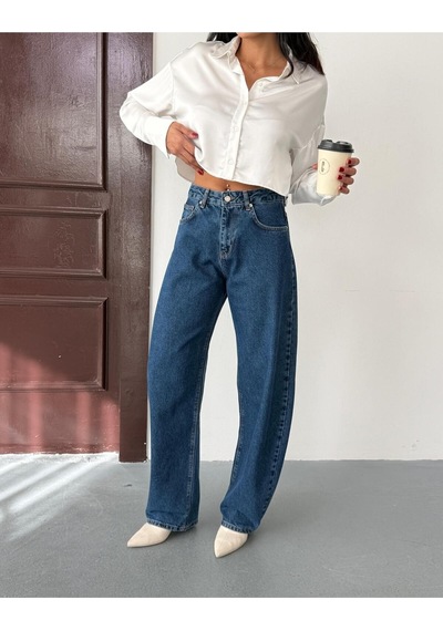 Kadın Yüksek Bel Balloon Fit Mavi Jean Pantolon Rahat Kalıp Mavi-balon