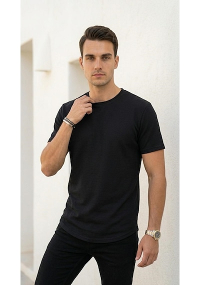 Plus Scorpion Erkek Slim Fit Basic Tişört Esnek, Terletmeyen Pike Dokulu Kumaş Siyah
