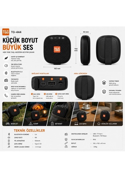 T&g Tg-444 Bluetooth 5.4 Taşınabilir Mini Hoparlör 5w Ipx6 Suya Dayanıklı Fm Radyo Usb Siyah