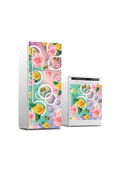 Buzdolabı Ve Bulaşık Makinası Beyaz Eşya Sticker Kaplama Sarı Çiçek Kelebek