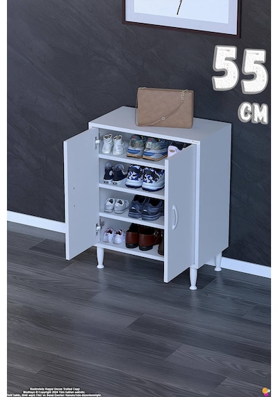 Bulut Ayakkabılık - Kapaklı 3 Raf 4 Bölmeli Dar Alanlar İçin Çok Amaçlı Dolap 55 Cm Beyaz