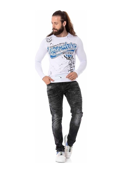Cipo & Baxx Erkek Bisiklet Yaka Uzun Kollu Baskılı Sweatshirt Cl510 Beyaz