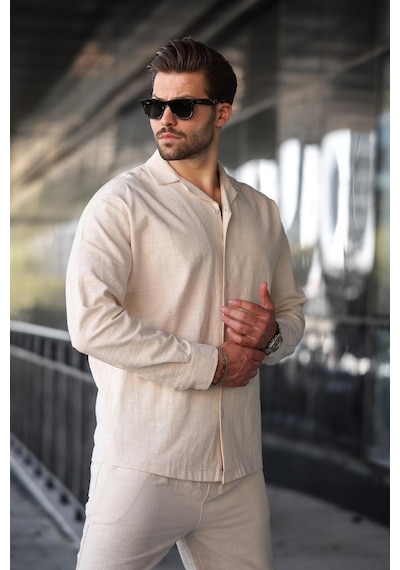 Madmext Bej Rahat Kesim Erkek Keten Gömlek Pantolon Takım E7327 Bej