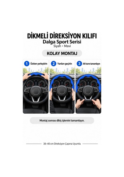 Trobus Toyota Corolla 1993-1998 Uyumlu Dikmeli Direksiyon Kılıfı Dalga Sport Deri Siyah Mavi Siyah - Mavi