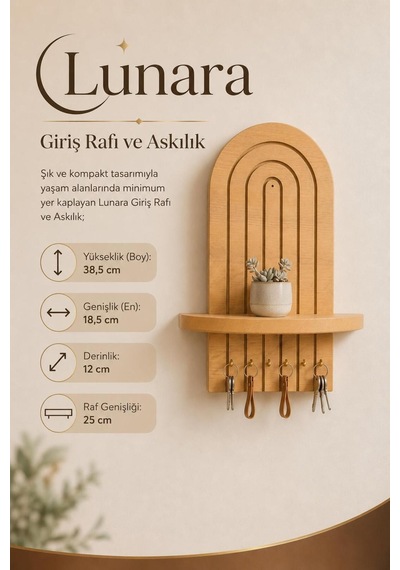 Lunara - Dekoratif Raflı Anahtarlık Askılığı - 6 Askılı Safir Meşe Mdf Lam Duvar Anahtarlığı - Antre Ev Giriş Düzenleyici Kahverengi - 891845490