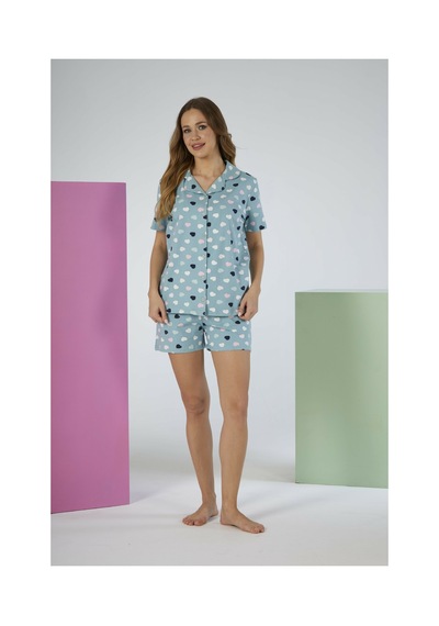 Estiva Kadın Yazlık Kalp Desenli Önden Düğmeli Şortlu Penye Lycra Pijama Takımı Yeşil