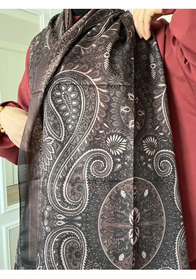 Modakaşmir Aminenesil Etnik Desen Soft Pamuk Şal Kahverengi Renk Acı Kahverengi